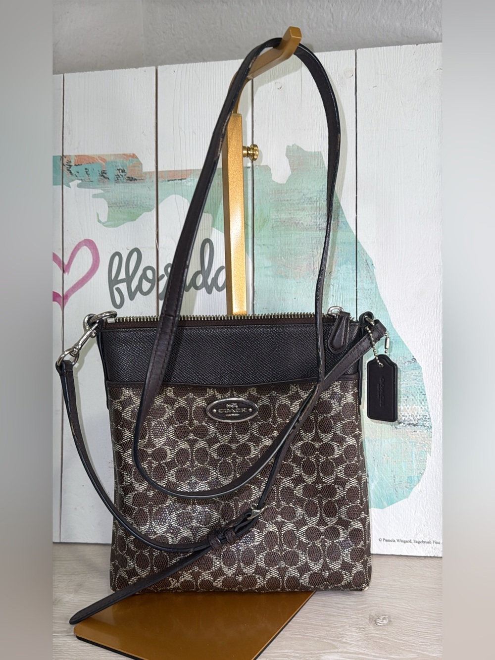 Coach Signature North/South Swingpack Crossbody 52400 Brown Khaki Leather 2014